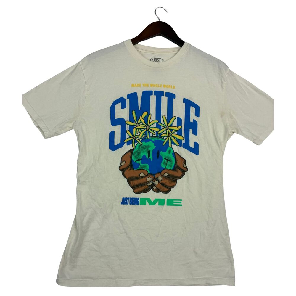 Just Being Me Save The World Graphic T Shirt Men's Large Ivory Earth Hands Tee
